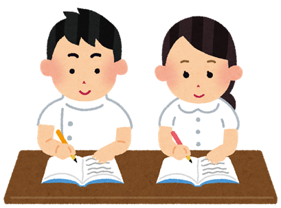 合同勉強会で学ぶ医療従事者の男女が机に向かってノートに書き込みをしているイラスト。