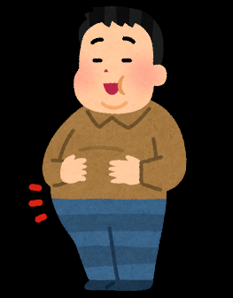 太った男性が満足そうにお腹を押さえているイラスト。健康や食生活に関するメッセージを示唆。