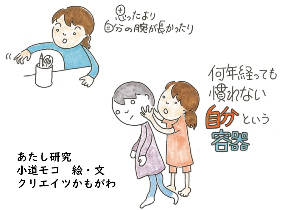 自分の腕が長くなり、文房具を使う男の子と、何年経っても慣れない自分を抱える女の子のイラスト。