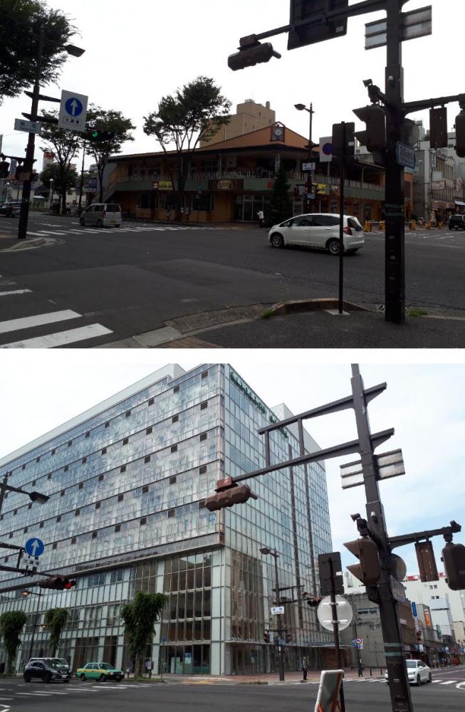 福島駅前通りの2017年8月の風景と現在の様子を比較した写真。上部には昔の建物、下部には新しいビルが映る。