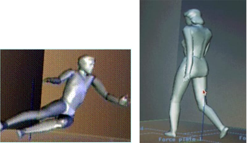 動作解析のための3Dモデルが表示されており、左側には転倒する男性、右側には歩行中の女性の姿勢が描かれています。