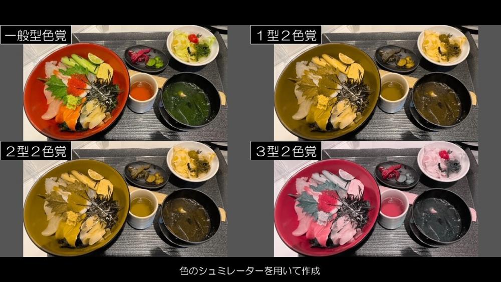 色覚の違いを示すために、異なる色の皿と料理が並べられた画像。上段には一般的な色覚、下段には色覚異常の例が示されている。