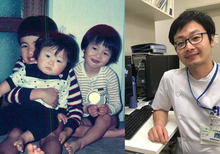 幼少期の兄弟と一緒に写る宮司典明さんの写真と、医療現場での彼の姿。
