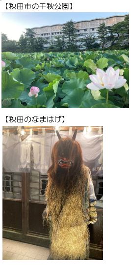 秋田市の千秋公園に咲く蓮の花と、伝統的ななまはげの姿が映る風景。