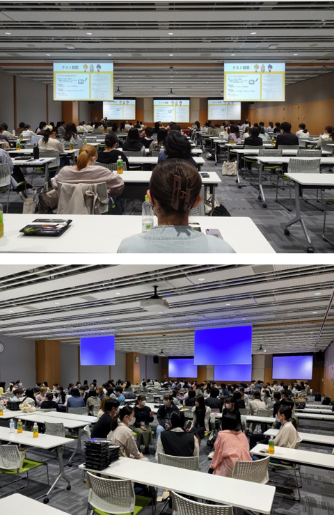 臨床検査学科の3学年交流会の様子。多くの学生が参加し、講演を聴いている。