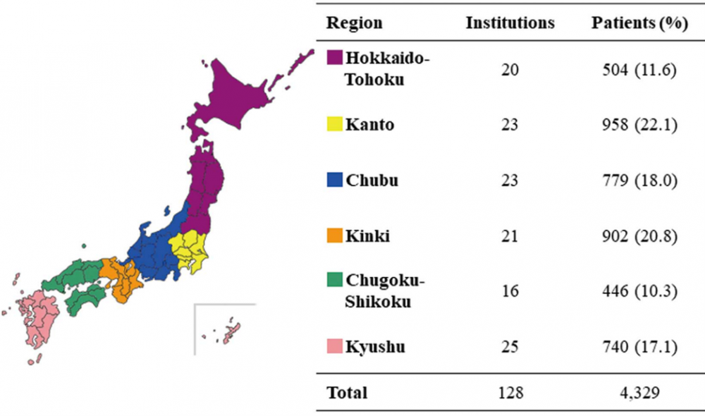 日本の地域別医療機関数と患者数を示す地図。各地域が色分けされ、データが表形式で表示されている。