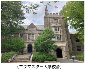 マクマスター大学の校舎が緑に囲まれた風景。学生が建物の前を歩いている。