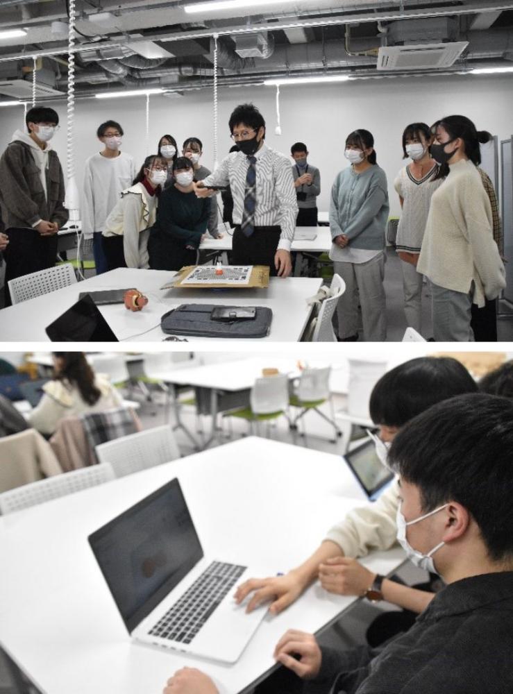 第2回3Dプリンター体験ワークショップで、参加者が講師の説明を受けながら学んでいる様子。