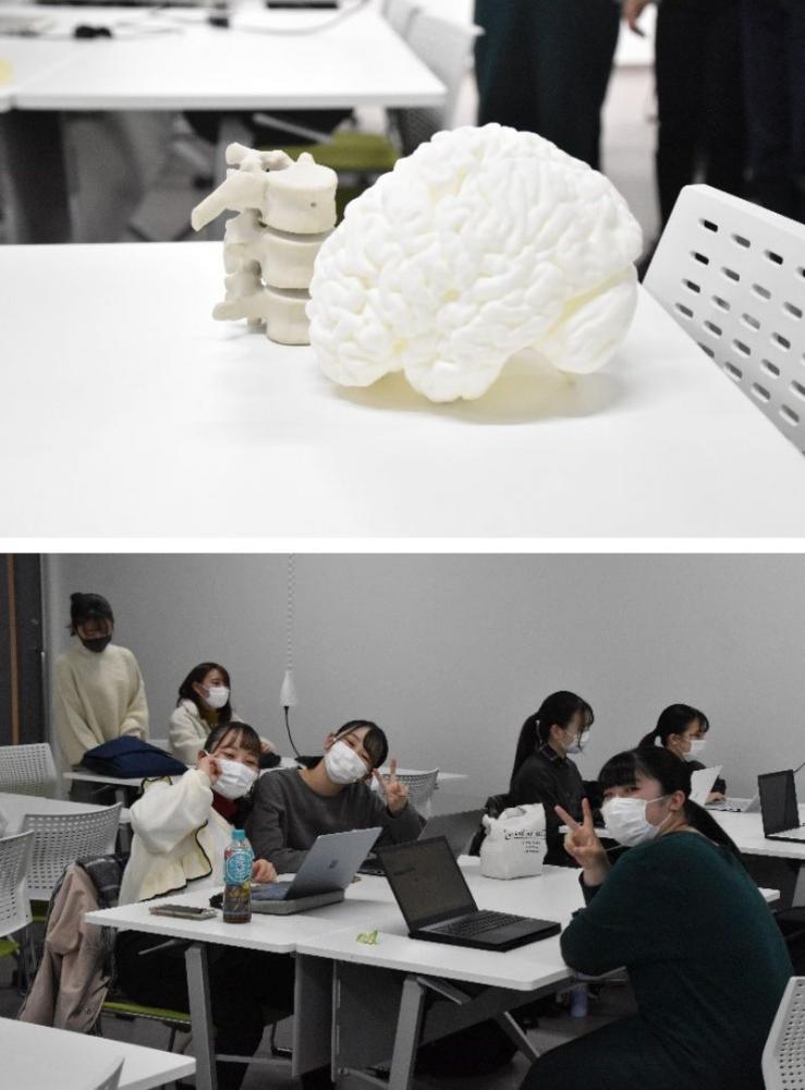 3Dプリンターで作成された脳の模型と、参加者が集まるワークショップの様子。