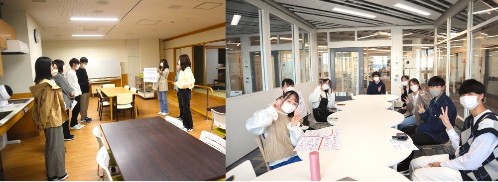作業療法学科の学内オリエンテーリングで、学生たちがグループに分かれて活動している様子。