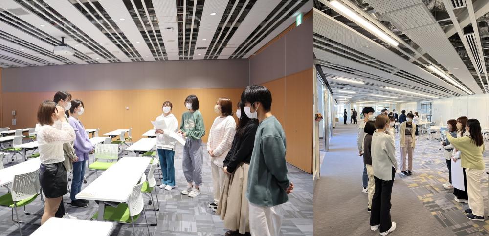 作業療法学科の学生たちが学内オリエンテーリングで交流し、指導を受けている様子。