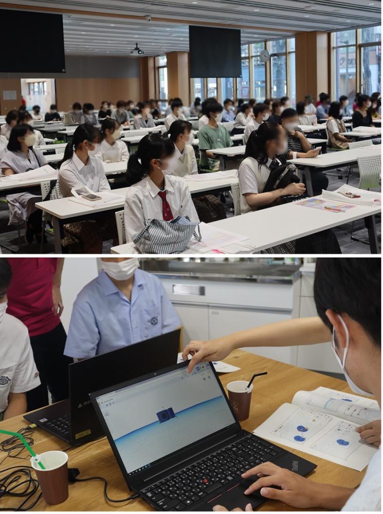 作業療法TAKE OUTのイベントで、参加者が講義を受けている様子と、パソコンを使っている場面が映っています。