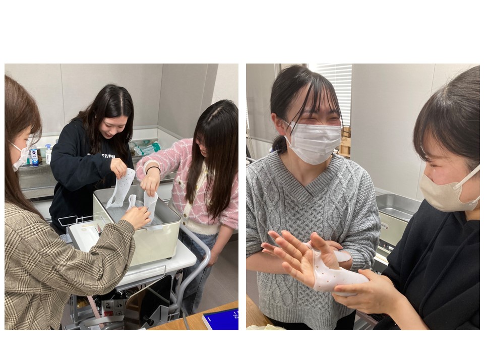 医療技術を学ぶ学生たちが、実習で手を使って作業を行っている様子。