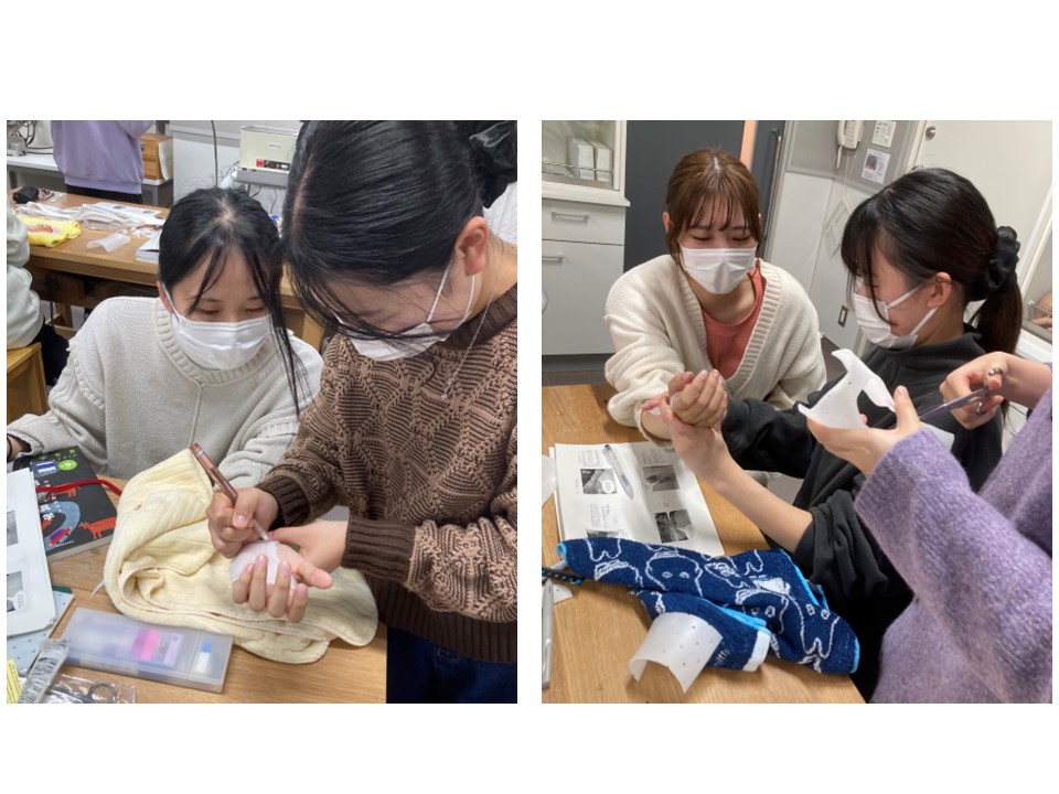 医療技術を学ぶ学生たちが、実習で手を使ったトレーニングを行っている様子。