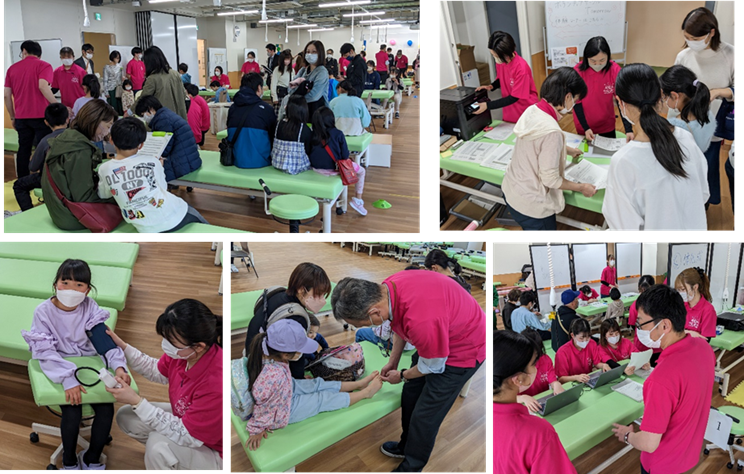 子どもコホート研究の測定会で、参加者が測定を受けている様子やスタッフがサポートしている場面。