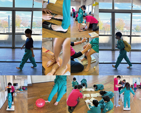 子どもたちが身体測定を行い、健康を支援する活動の様子。理学療法学科の教員と児童が協力している。