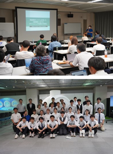診療放射線科学科の3年生が医療機器メーカーの工場見学を行い、教員と共に交流を深める様子。