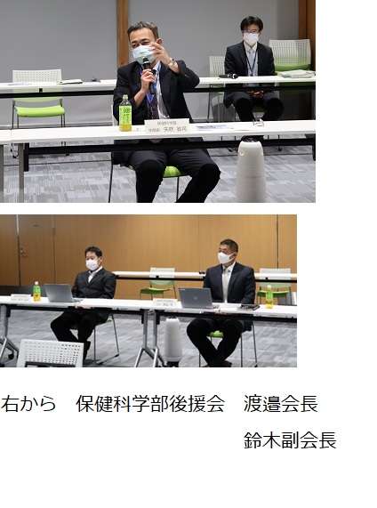 新入生保護者と教員が懇談会で意見交換をしている様子。参加者はマスクを着用し、テーブルに座っています。