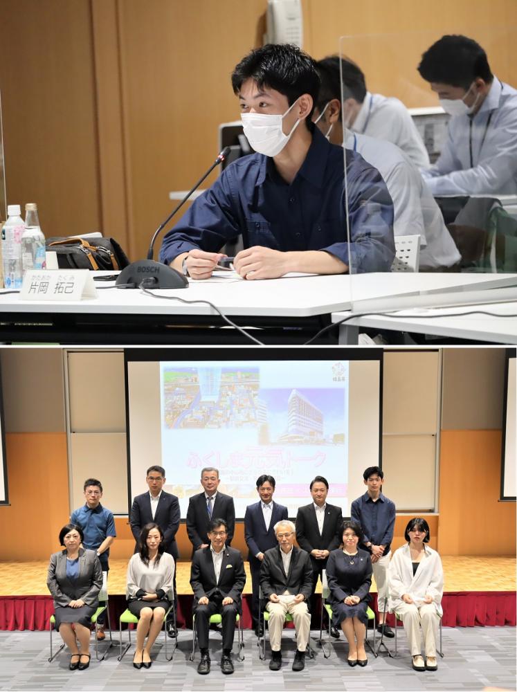 福島県立医科大学での「ふくしま元気トーク」イベントの様子。上部には参加者がマスクを着用し、下部には講演者たちが整列している。