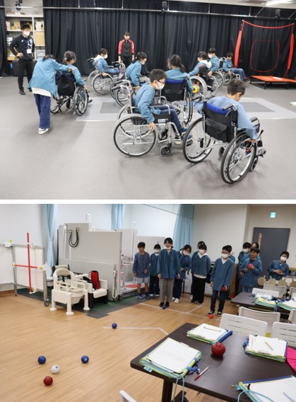 移動租税教室で車椅子を使った体験学習を行う子どもたちの様子。