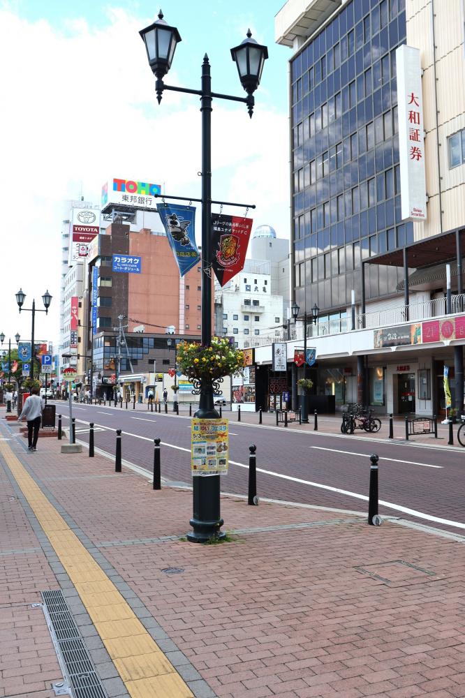街路灯にフラワーバスケットが設置された賑やかな通りの風景。