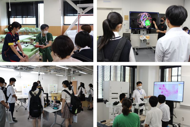 保健科学部オープンキャンパス2021の様子。学生たちが医療技術を学ぶための実習や説明を受けている。