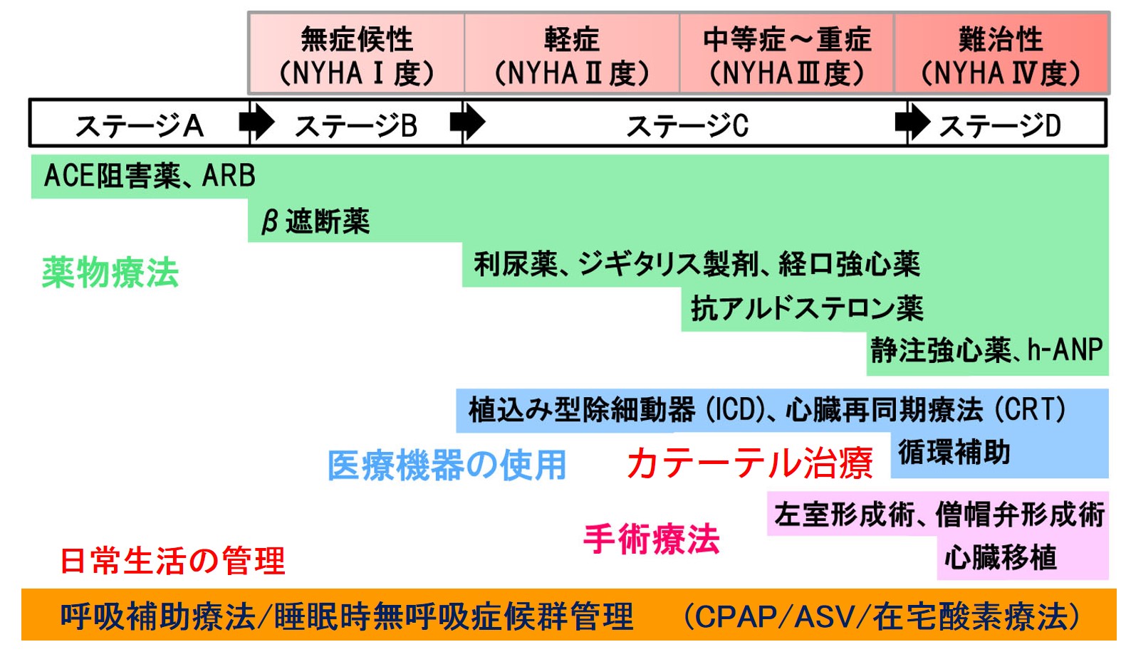 心不全の重症度に応じた治療法を示すフローチャート。薬物療法や非薬物療法のステージ別分類が記載されている。
