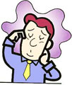 頭を抱え、疲れた表情を浮かべる男性のイラスト。ストレスや睡眠不足を表現している。