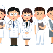 医療従事者のイラスト。看護師、医師、研究者など、さまざまな職種の人物が並んでいる。