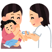 子供に注射をする女性医師と、その子供を抱える母親のイラスト。