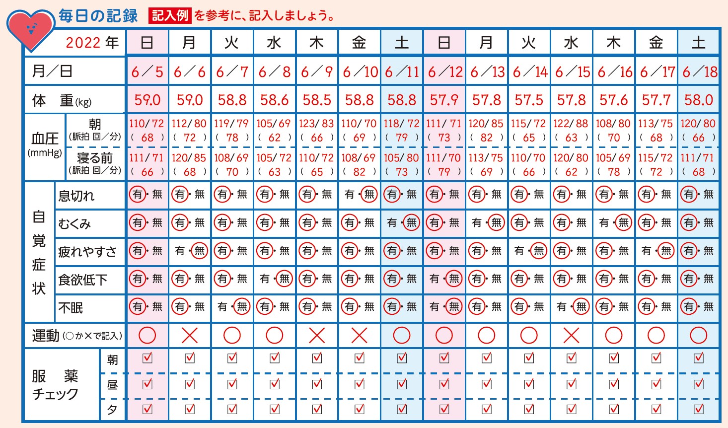 心不全手帳に日付、体重、血圧等が記載されたイラスト