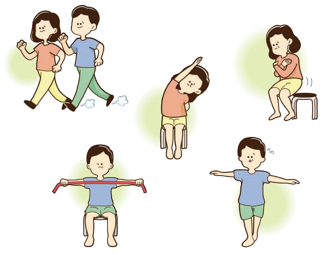 ウォーキングやストレッチを行っている男女のイラスト