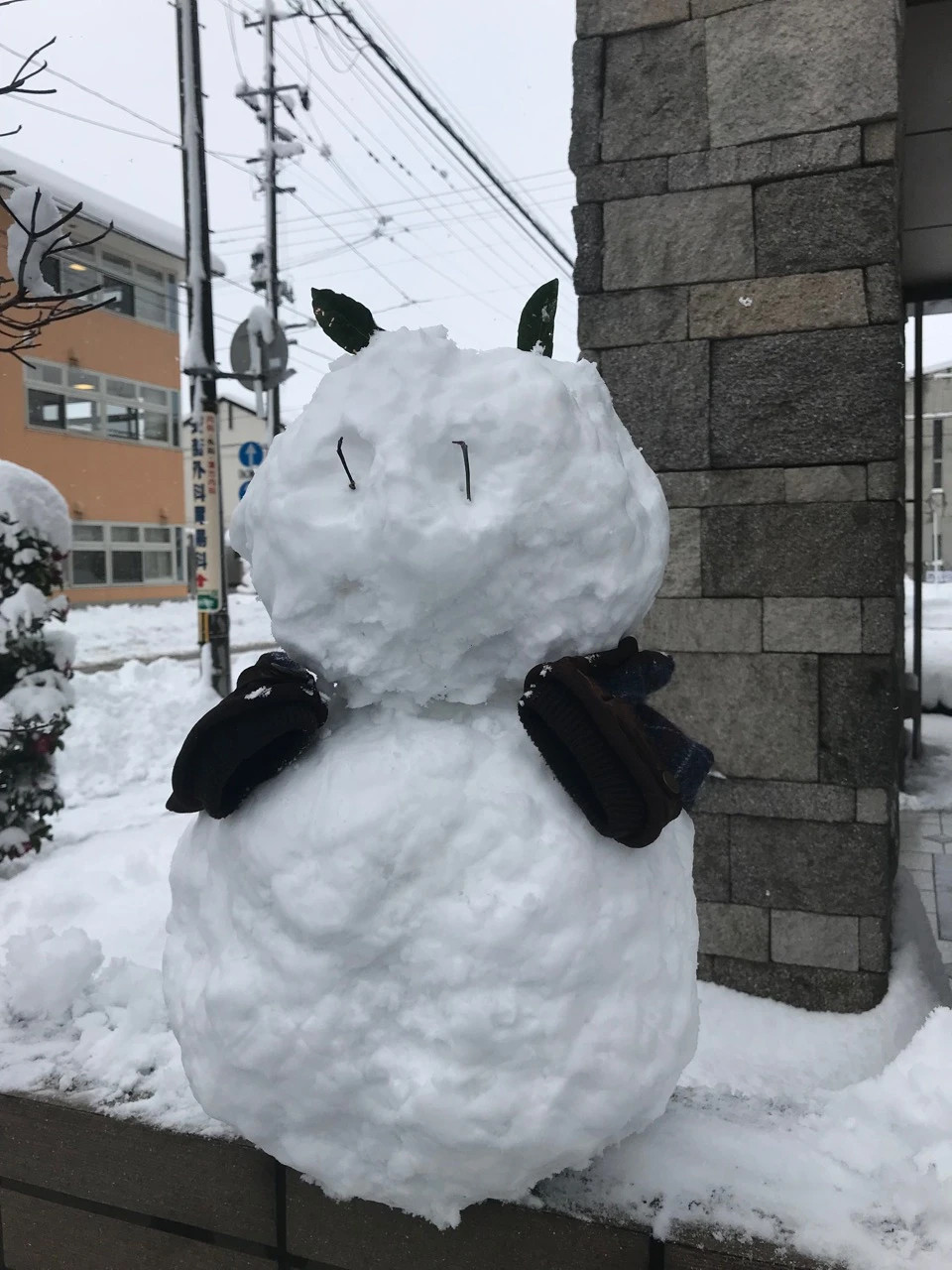 雪が積もった屋外に立つ雪だるまの写真。
