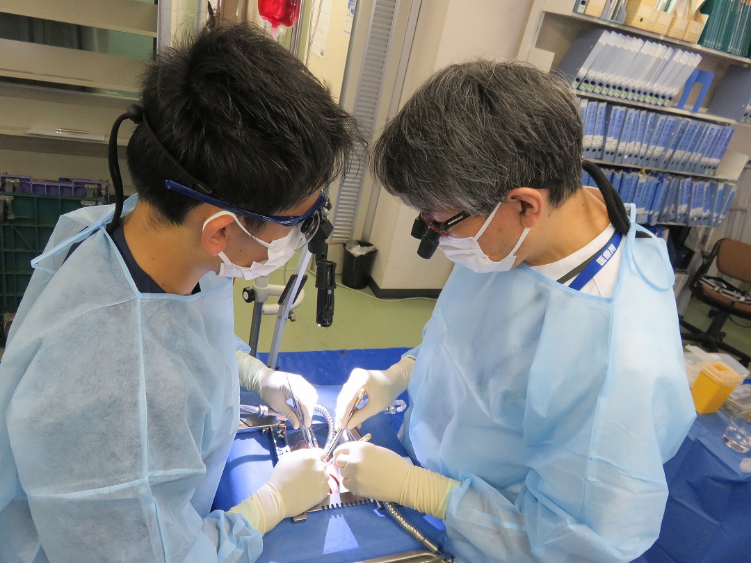 手術着を着た医療関係者2人が手術台で作業している。背景に棚が見える。