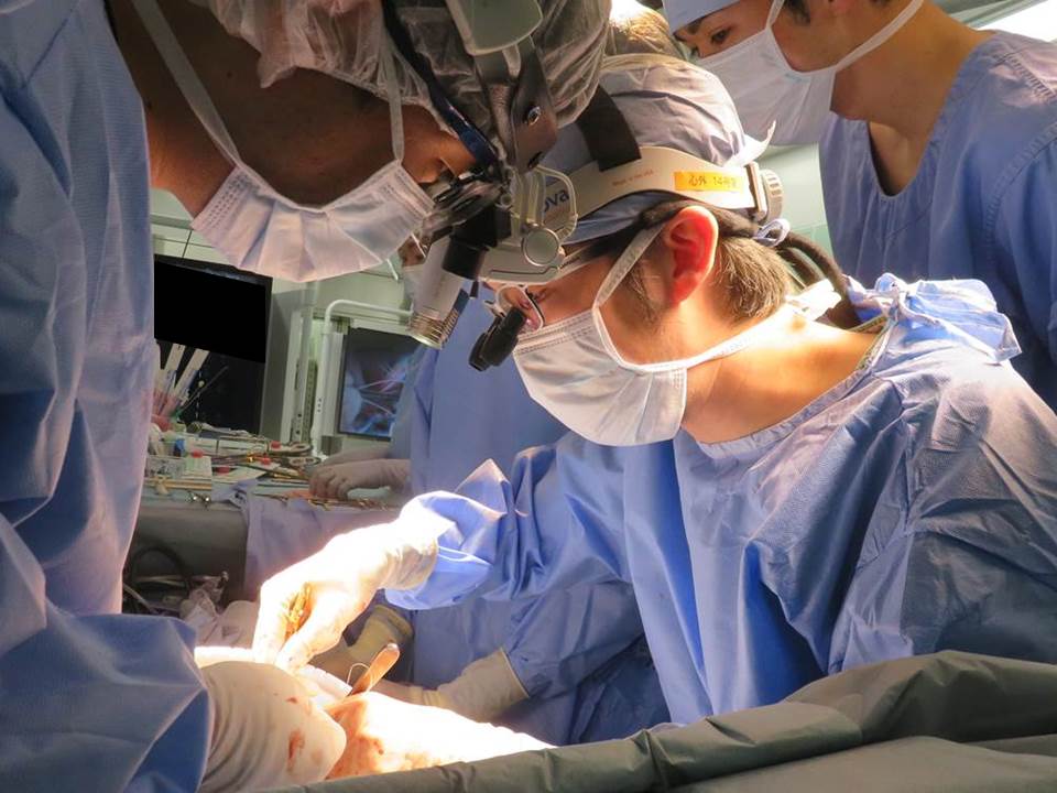 手術中の医師二人が集中している様子。手術用のマスクと帽子を着用し、器具を扱っている。