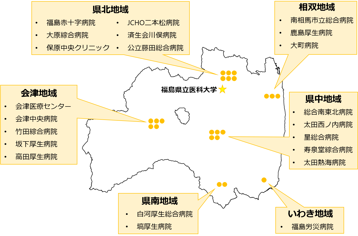 福島県立医科大学と関連病院の位置を示す地図。各地域の医療機関が記載されている。