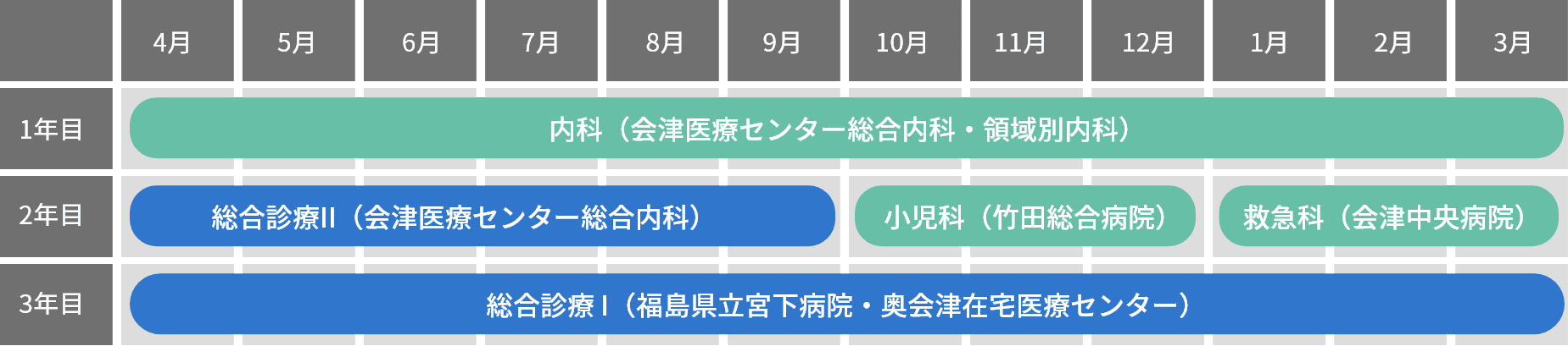 医学生の年間スケジュールを示す表で、各月ごとに異なる病院での研修内容が示されています。