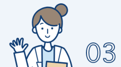 医療服を着た女性が手を振り、ファイルを持っています。右に数字「03」が描かれています。
