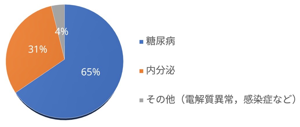 入院患者の疾患分野別割合を示す円グラフ。糖尿病が65%、内分泌疾患が31%、その他が4%を占める。