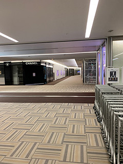 成田空港の内部。シャッターが閉まった店舗と整然と並ぶカートが見える静かな通路。