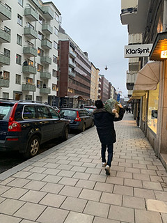 歩道を歩く人物がもみの木を抱えている様子。周囲には車や建物が並ぶ街並みが広がっている。