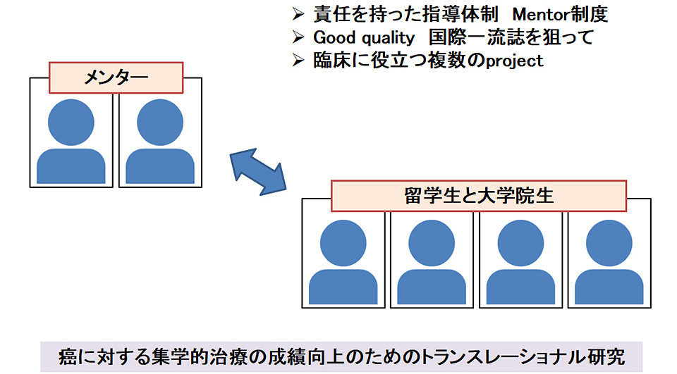 メンターと留学生の関係を示す図。研究プロジェクトの指導体制を表現。