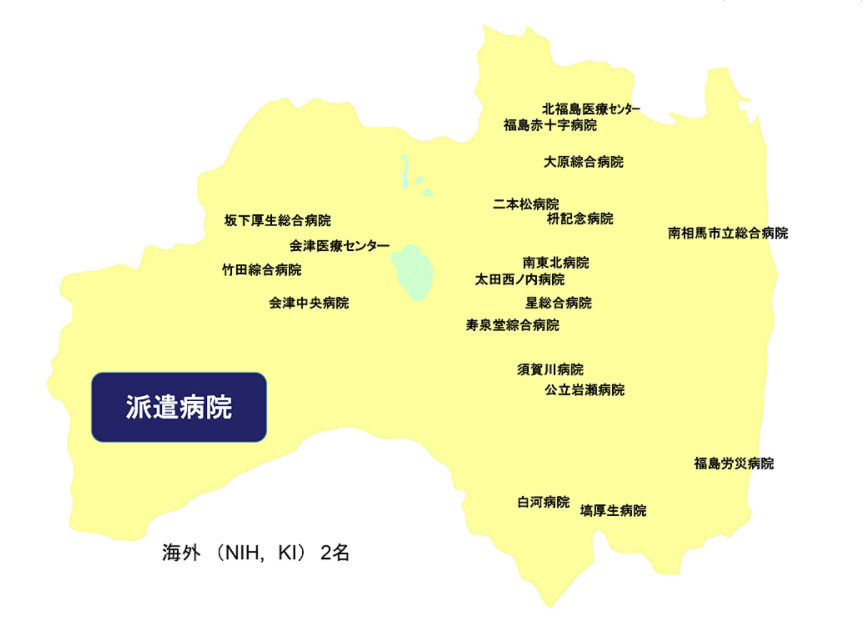 福島県内の関連病院を示した地図、派遣病院の位置が強調されています。