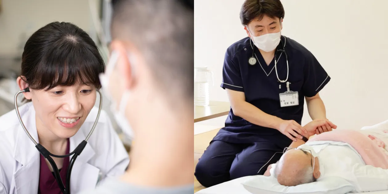 医師が患者に寄り添い、診察を行っている様子。左側には聴診器を使う女性医師、右側には患者の手を取る男性医師が写っている。