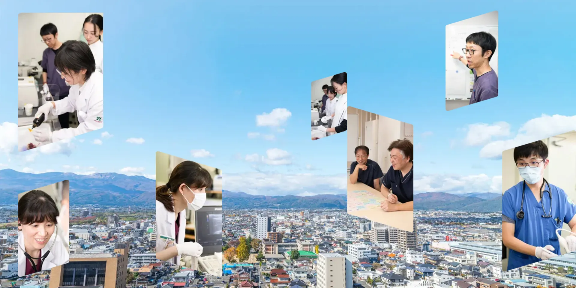 福島県立医科大学の医療現場での学生や医師が協力している様子を描いた画像。背景には福島市の風景が広がる。