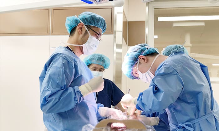 手術室で医療スタッフが手術を行っている様子。医師たちは青い手術着とキャップを着用し、患者に集中している。