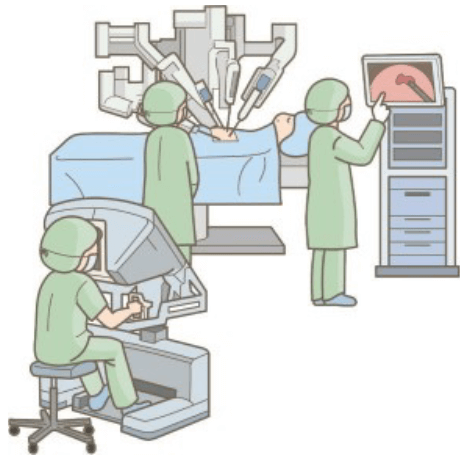 ダヴィンチロボットを用いた膵臓手術の様子、医療スタッフが操作を行っている。