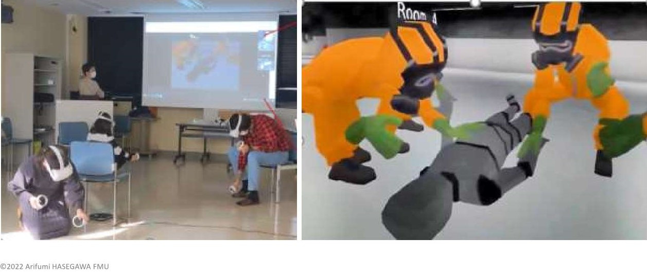 VR技術を用いた救急・災害医学セミナーの様子。参加者が実習を行い、リアルな生体情報を観察している。