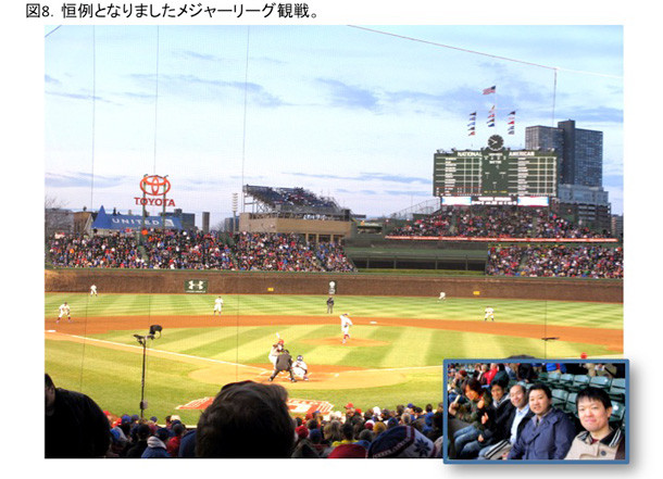 野球場での試合観戦の様子。観客が集まり、選手がプレーしている。左下には観客のグループが写っている。
