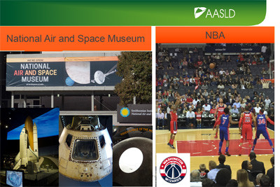 ナショナル・エア・アンド・スペース博物館の看板とNBAの試合風景が並ぶ画像。